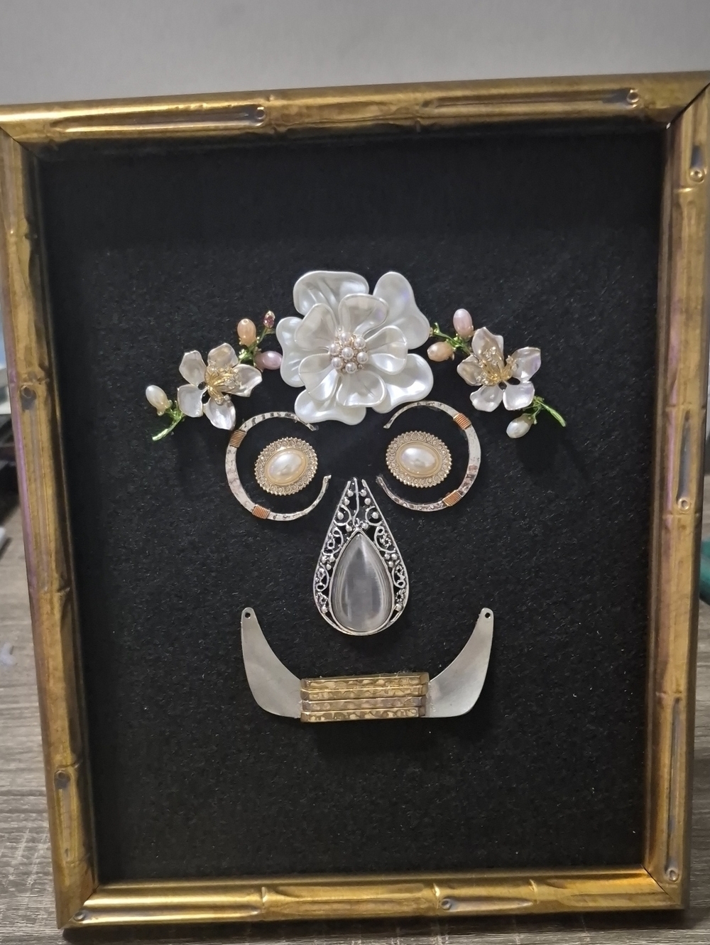 Mixed Media Floral Face Wall Art – Pearl White & Gold Accents